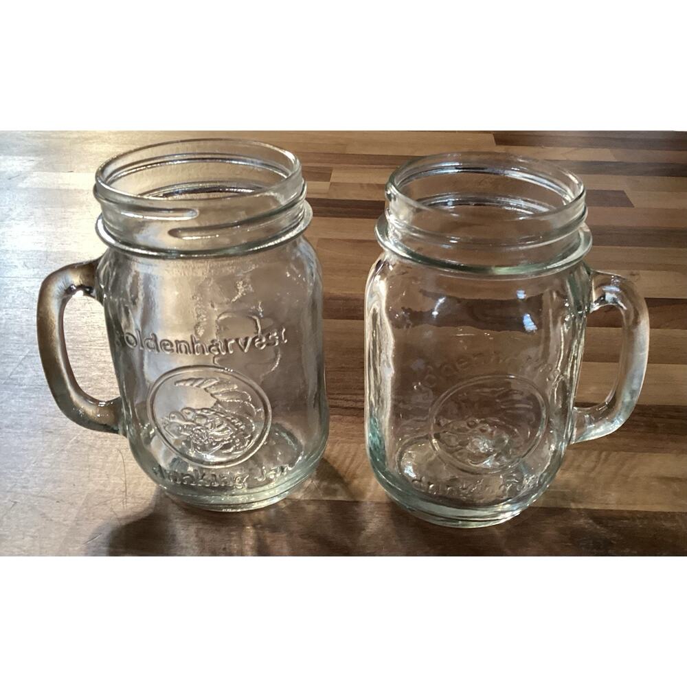 2 Golden Harvest Vintage Mason Jar Drinking Glasses Set Of 2 With Handles 5”